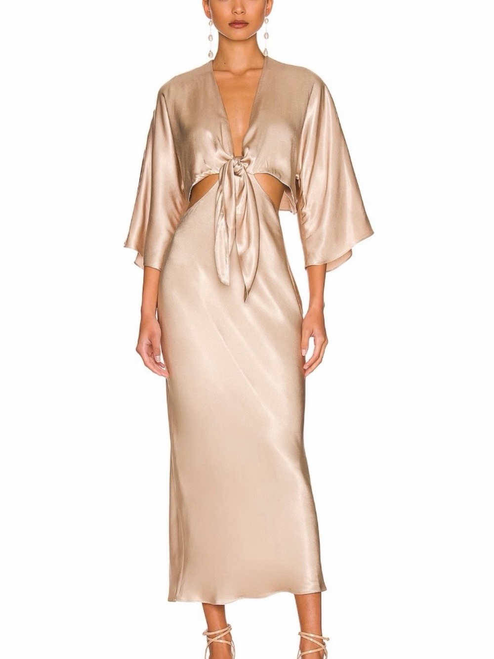 Shona Joy La Lune Tie Front Bias Midi Dress in Gold